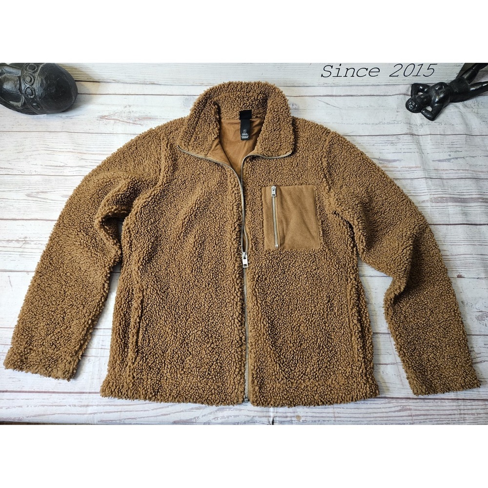H&M‎ Brown Teddy Zip Up Jacket Medium Fleece With Gold Interior